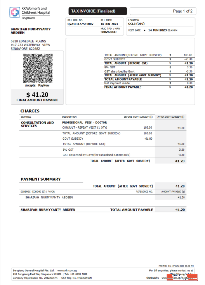 Singapore KK Hospital tax invoice Word and PDF template PSD template